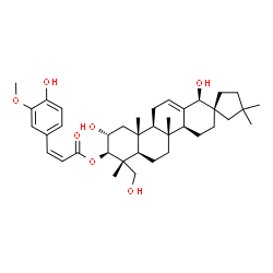 ChemSpider 2D Image | (1S,2R,4aS,4bR,6aR,7R,8R,9R,10aR,10bS)-1,9-Dihydroxy-7-(hydroxymethyl)-3',3',4b,7,10a-pentamethyl-3,4,4a,4b,5,6,6a,7,8,9,10,10a,10b,11-tetradecahydro-1H-spiro[chrysene-2,1'-cyclopentan]-8-yl (2Z)-3-(4
-hydroxy-3-methoxyphenyl)acrylate | C38H54O7