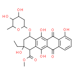 ChemSpider 2D Image | Methyl 4-[(2,6-dideoxyhexopyranosyl)oxy]-2-ethyl-2,5,7,12-tetrahydroxy-6,11-dioxo-1,2,3,4,6,11-hexahydro-1-tetracenecarboxylate | C28H30O12