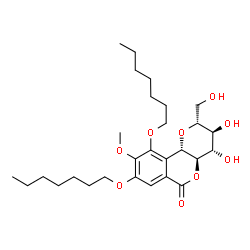 ChemSpider 2D Image | (2R,3S,4S,4aR,10bS)-8,10-Bis(heptyloxy)-3,4-dihydroxy-2-(hydroxymethyl)-9-methoxy-3,4,4a,10b-tetrahydropyrano[3,2-c]isochromen-6(2H)-one | C28H44O9