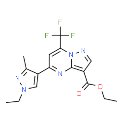 ChemSpider 2D Image | ethyl 5-(1-ethyl-3-methylpyrazol-4-yl)-7-(trifluoromethyl)pyrazolo[1,5-a]pyrimidine-3-carboxylate | C16H16F3N5O2