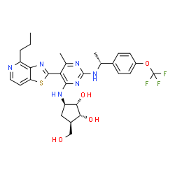 ChemSpider 2D Image | (1S,2R,3R,5R)-3-(Hydroxymethyl)-5-{[6-methyl-5-(4-propyl[1,3]thiazolo[4,5-c]pyridin-2-yl)-2-({(1R)-1-[4-(trifluoromethoxy)phenyl]ethyl}amino)-4-pyrimidinyl]amino}-1,2-cyclopentanediol | C29H33F3N6O4S