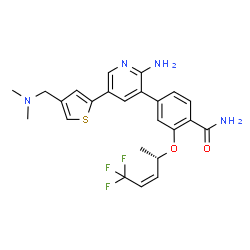 ChemSpider 2D Image | 4-(2-Amino-5-{4-[(dimethylamino)methyl]-2-thienyl}-3-pyridinyl)-2-{[(2S,3Z)-5,5,5-trifluoro-3-penten-2-yl]oxy}benzamide | C24H25F3N4O2S