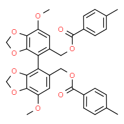 ChemSpider 2D Image | (7,7'-Dimethoxy-4,4'-bi-1,3-benzodioxole-5,5'-diyl)bis(methylene) bis(4-methylbenzoate) | C34H30O10