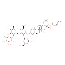 ChemSpider 2D Image | (3beta,15alpha,16alpha,22alpha)-22-[(2Z)-2-Hexenoyloxy]-15,16,28-trihydroxyolean-12-en-3-yl 6-deoxy-alpha-L-mannopyranosyl-(1->2)-beta-D-galactopyranosyl-(1->3)-[beta-D-glucopyranosyl-(1->2)]-beta-D-g
lucopyranosiduronic acid | C60H96O26