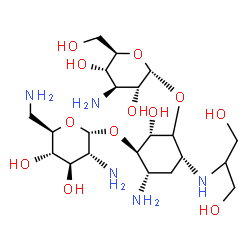 ChemSpider 2D Image | (1R,2S,4R,6S)-6-Amino-3-[(3-amino-3-deoxy-alpha-D-glucopyranosyl)oxy]-4-[(1,3-dihydroxy-2-propanyl)amino]-2-hydroxycyclohexyl 2,6-diamino-2,6-dideoxy-alpha-D-glucopyranoside | C21H43N5O12