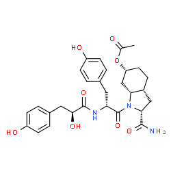 ChemSpider 2D Image | (2R,3aR,6R,7aR)-2-Carbamoyl-1-[(2R)-2-{[(2S)-2-hydroxy-3-(4-hydroxyphenyl)propanoyl]amino}-3-(4-hydroxyphenyl)propanoyl]octahydro-1H-indol-6-yl acetate | C29H35N3O8