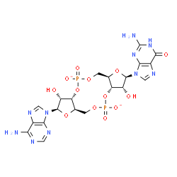ChemSpider 2D Image | (2R,3R,3aS,7aR,9R,10R,10aS,14aR)-2-(2-Amino-6-oxo-1,6-dihydro-9H-purin-9-yl)-9-(6-amino-9H-purin-9-yl)-3,10-dihydroxyoctahydro-2H,7H-difuro[3,2-d:3',2'-j][1,3,7,9,2,8]tetraoxadiphosphacyclododecine-5,
12-diolate 5,12-dioxide | C20H22N10O13P2