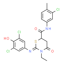 ChemSpider 2D Image | (2Z)-N-(3-Chloro-4-methylphenyl)-2-[(3,5-dichloro-4-hydroxyphenyl)imino]-3-ethyl-4-oxo-1,3-thiazinane-6-carboxamide | C20H18Cl3N3O3S