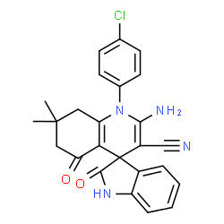 ChemSpider 2D Image | 2'-Amino-1'-(4-chlorophenyl)-7',7'-dimethyl-2,5'-dioxo-1,2,5',6',7',8'-hexahydro-1'H-spiro[indole-3,4'-quinoline]-3'-carbonitrile | C25H21ClN4O2