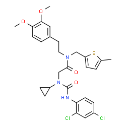 ChemSpider 2D Image | N~2~-Cyclopropyl-N~2~-[(2,4-dichlorophenyl)carbamoyl]-N-[2-(3,4-dimethoxyphenyl)ethyl]-N-[(5-methyl-2-thienyl)methyl]glycinamide | C28H31Cl2N3O4S