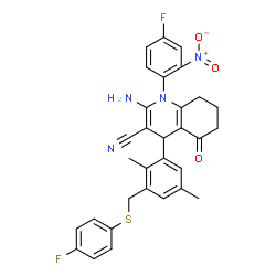 ChemSpider 2D Image | 2-Amino-1-(4-fluoro-2-nitrophenyl)-4-(3-{[(4-fluorophenyl)sulfanyl]methyl}-2,5-dimethylphenyl)-5-oxo-1,4,5,6,7,8-hexahydro-3-quinolinecarbonitrile | C31H26F2N4O3S