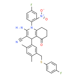 ChemSpider 2D Image | 2-Amino-1-(4-fluoro-2-nitrophenyl)-4-(5-{[(4-fluorophenyl)sulfanyl]methyl}-2,4-dimethylphenyl)-5-oxo-1,4,5,6,7,8-hexahydro-3-quinolinecarbonitrile | C31H26F2N4O3S