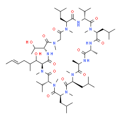 ChemSpider 2D Image | (3R,6S,9S,12R,15R,18S,21R,24S,30R,33S)-30-(1-Hydroxyethyl)-33-[(4E)-1-hydroxy-2-methyl-4-hexen-1-yl]-6,9,18,24-tetraisobutyl-3,21-diisopropyl-1,4,7,10,12,15,19,25,28-nonamethyl-1,4,7,10,13,16,19,22,25
,28,31-undecaazacyclotritriacontane-2,5,8,11,14,17,20,23,26,29,32-undecone | C62H111N11O13
