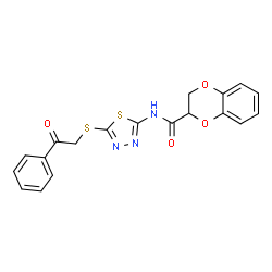 ChemSpider 2D Image | N-{5-[(2-Oxo-2-phenylethyl)sulfanyl]-1,3,4-thiadiazol-2-yl}-2,3-dihydro-1,4-benzodioxine-2-carboxamide | C19H15N3O4S2
