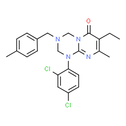 ChemSpider 2D Image | 1-(2,4-Dichlorophenyl)-7-ethyl-8-methyl-3-(4-methylbenzyl)-1,2,3,4-tetrahydro-6H-pyrimido[1,2-a][1,3,5]triazin-6-one | C23H24Cl2N4O
