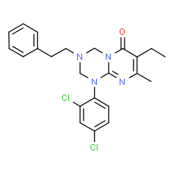 ChemSpider 2D Image | 1-(2,4-Dichlorophenyl)-7-ethyl-8-methyl-3-(2-phenylethyl)-1,2,3,4-tetrahydro-6H-pyrimido[1,2-a][1,3,5]triazin-6-one | C23H24Cl2N4O