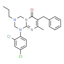 ChemSpider 2D Image | 7-Benzyl-1-(2,4-dichlorophenyl)-8-methyl-3-propyl-1,2,3,4-tetrahydro-6H-pyrimido[1,2-a][1,3,5]triazin-6-one | C23H24Cl2N4O