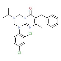 ChemSpider 2D Image | 7-Benzyl-1-(2,4-dichlorophenyl)-3-isopropyl-8-methyl-1,2,3,4-tetrahydro-6H-pyrimido[1,2-a][1,3,5]triazin-6-one | C23H24Cl2N4O