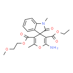 ChemSpider 2D Image | 3'-Ethyl 5'-(2-methoxyethyl) 2'-amino-1,6'-dimethyl-2-oxo-1,2-dihydrospiro[indole-3,4'-pyran]-3',5'-dicarboxylate | C21H24N2O7