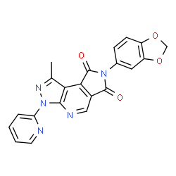 ChemSpider 2D Image | 7-(1,3-Benzodioxol-5-yl)-1-methyl-3-(2-pyridinyl)pyrazolo[3,4-b]pyrrolo[3,4-d]pyridine-6,8(3H,7H)-dione | C21H13N5O4