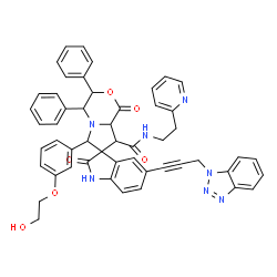 ChemSpider 2D Image | 5-[3-(1H-Benzotriazol-1-yl)-1-propyn-1-yl]-6'-[3-(2-hydroxyethoxy)phenyl]-1',2-dioxo-3',4'-diphenyl-N-[2-(2-pyridinyl)ethyl]-1,2,3',4',8',8a'-hexahydro-1'H-spiro[indole-3,7'-pyrrolo[2,1-c][1,4]oxazine
]-8'-carboxamide | C51H43N7O6