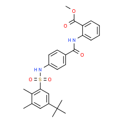 ChemSpider 2D Image | Methyl 2-{[4-({[2,3-dimethyl-5-(2-methyl-2-propanyl)phenyl]sulfonyl}amino)benzoyl]amino}benzoate | C27H30N2O5S