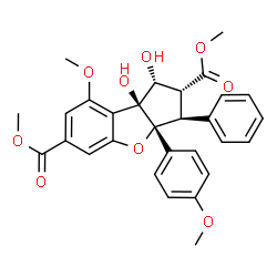 ChemSpider 2D Image | Dimethyl (1R,2R,3S,3aR,8bS)-1,8b-dihydroxy-8-methoxy-3a-(4-methoxyphenyl)-3-phenyl-2,3,3a,8b-tetrahydro-1H-benzo[b]cyclopenta[d]furan-2,6-dicarboxylate | C29H28O9