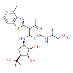 ChemSpider 2D Image | (1S,2R,3S,5R)-3-(2-Hydroxy-2-propanyl)-5-{[2-{[(2R)-1-methoxy-2-propanyl]amino}-6-methyl-5-(4-methyl[1,3]thiazolo[4,5-c]pyridin-2-yl)-4-pyrimidinyl]amino}-1,2-cyclopentanediol | C24H34N6O4S