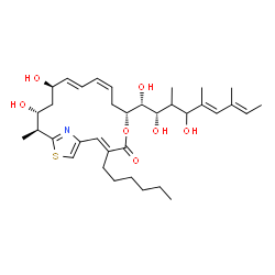 ChemSpider 2D Image | (2E,6R,8Z,10E,12R,14R,15S)-3-Hexyl-12,14-dihydroxy-15-methyl-6-[(1R,2S,5E,7E)-1,2,4-trihydroxy-3,5,7-trimethyl-5,7-nonadien-1-yl]-5-oxa-17-thia-19-azabicyclo[14.2.1]nonadeca-1(18),2,8,10,16(19)-pentae
n-4-one | C35H53NO7S