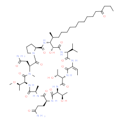 ChemSpider 2D Image | 3-{(3R,4R,7S,10E,13S,16S,19S,22R,25S,28S,33aS)-28-(2-Amino-2-oxoethyl)-10-ethylidene-4-hydroxy-13,16-bis[(1R)-1-hydroxyethyl]-7-isopropyl-25-[(1R)-1-methoxyethyl]-22,27-dimethyl-1,5,8,11,14,17,20,23,2
6,29-decaoxo-3-[(2S)-13-oxo-2-hexadecanyl]dotriacontahydro-1H-pyrrolo[2,1-c][1,4,7,10,13,16,19,22,25,28]decaazacyclohentriacontin-19-yl}propanamide | C59H100N12O17