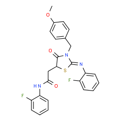 ChemSpider 2D Image | N-(2-Fluorophenyl)-2-[(2Z)-2-[(2-fluorophenyl)imino]-3-(4-methoxybenzyl)-4-oxo-1,3-thiazolidin-5-yl]acetamide | C25H21F2N3O3S