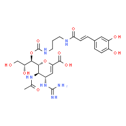 ChemSpider 2D Image | (6R)-5-Acetamido-2,6-anhydro-4-carbamimidamido-3,4,5-trideoxy-6-[(1R,2R)-1-{[(3-{[(2E)-3-(3,4-dihydroxyphenyl)-2-propenoyl]amino}propyl)carbamoyl]oxy}-2,3-dihydroxypropyl]-L-threo-hex-2-enonic acid | C25H34N6O11