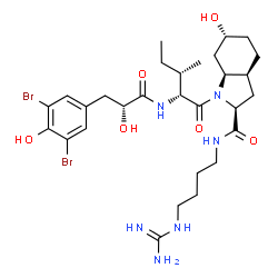 ChemSpider 2D Image | (2S,3aS,6R,7aS)-N-(4-Carbamimidamidobutyl)-1-[(2R,3S)-2-{[(2R)-3-(3,5-dibromo-4-hydroxyphenyl)-2-hydroxypropanoyl]amino}-3-methylpentanoyl]-6-hydroxyoctahydro-1H-indole-2-carboxamide (non-preferred na
me) | C29H44Br2N6O6