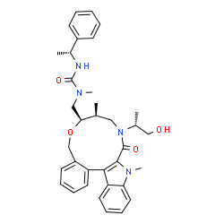 ChemSpider 2D Image | 1-({(7R,8S)-10-[(2R)-1-Hydroxy-2-propanyl]-8,12-dimethyl-11-oxo-7,8,9,10,11,12-hexahydro-5H-indolo[2,3-h][2,6]benzoxazacycloundecin-7-yl}methyl)-1-methyl-3-[(1R)-1-phenylethyl]urea | C35H42N4O4