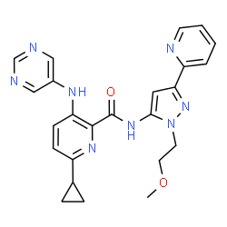 ChemSpider 2D Image | 6-Cyclopropyl-N-[1-(2-methoxyethyl)-3-(2-pyridinyl)-1H-pyrazol-5-yl]-3-(5-pyrimidinylamino)-2-pyridinecarboxamide | C24H24N8O2