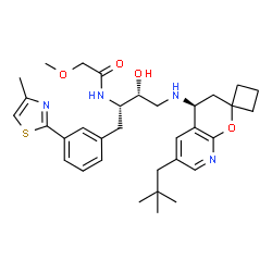 ChemSpider 2D Image | N-{(2S,3R)-4-{[(4'S)-6'-(2,2-Dimethylpropyl)-3',4'-dihydrospiro[cyclobutane-1,2'-pyrano[2,3-b]pyridin]-4'-yl]amino}-3-hydroxy-1-[3-(4-methyl-1,3-thiazol-2-yl)phenyl]-2-butanyl}-2-methoxyacetamide | C33H44N4O4S