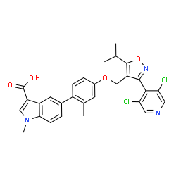 ChemSpider 2D Image | 5-(4-{[3-(3,5-Dichloro-4-pyridinyl)-5-isopropyl-1,2-oxazol-4-yl]methoxy}-2-methylphenyl)-1-methyl-1H-indole-3-carboxylic acid | C29H25Cl2N3O4