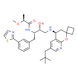 ChemSpider 2D Image | (2S)-N-{(2S,3R)-4-{[(4'S)-6'-(2,2-Dimethylpropyl)-3',4'-dihydrospiro[cyclobutane-1,2'-pyrano[2,3-b]pyridin]-4'-yl]amino}-3-hydroxy-1-[3-(1,3-thiazol-2-yl)phenyl]-2-butanyl}-2-methoxypropanamide | C33H44N4O4S