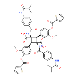 ChemSpider 2D Image | 1,3-Bis{[4-(isobutyrylamino)benzoyl]amino}-2,4-bis{3-methoxy-4-[(2-thienylcarbonyl)oxy]phenyl}-1,3-cyclobutanedicarboxylic acid | C52H48N4O14S2