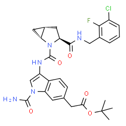 ChemSpider 2D Image | 2-Methyl-2-propanyl {1-carbamoyl-3-[({(1R,3S,5R)-3-[(3-chloro-2-fluorobenzyl)carbamoyl]-2-azabicyclo[3.1.0]hex-2-yl}carbonyl)amino]-1H-indol-6-yl}acetate | C29H31ClFN5O5