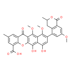 ChemSpider 2D Image | 6,7-Dihydroxy-10,11-dimethoxy-9-(7-methoxy-3-methyl-1-oxo-3,4-dihydro-1H-isochromen-5-yl)-2-methyl-12-oxo-12H-benzo[b]xanthene-4-carboxylic acid | C32H26O11
