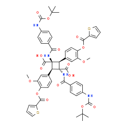 ChemSpider 2D Image | 2,4-Bis{3-methoxy-4-[(2-thienylcarbonyl)oxy]phenyl}-1,3-bis{[4-({[(2-methyl-2-propanyl)oxy]carbonyl}amino)benzoyl]amino}-1,3-cyclobutanedicarboxylic acid | C54H52N4O16S2