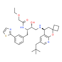 ChemSpider 2D Image | N-{(2S,3R)-4-{[(4'S)-6'-(2,2-Dimethylpropyl)-3',4'-dihydrospiro[cyclobutane-1,2'-pyrano[2,3-b]pyridin]-4'-yl]amino}-3-hydroxy-1-[3-(1,3-thiazol-2-yl)phenyl]-2-butanyl}-2-ethoxyacetamide | C33H44N4O4S