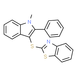 ChemSpider 2D Image | 2-[(1-Methyl-2-phenyl-1H-indol-3-yl)sulfanyl]-1,3-benzothiazole | C22H16N2S2