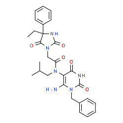 ChemSpider 2D Image | N-(6-Amino-1-benzyl-2,4-dioxo-1,2,3,4-tetrahydro-5-pyrimidinyl)-2-(4-ethyl-2,5-dioxo-4-phenyl-1-imidazolidinyl)-N-isobutylacetamide | C28H32N6O5