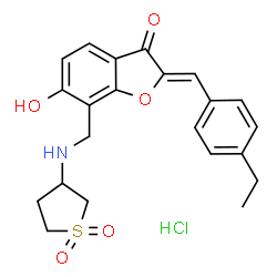ChemSpider 2D Image | (2Z)-7-{[(1,1-Dioxidotetrahydro-3-thiophenyl)amino]methyl}-2-(4-ethylbenzylidene)-6-hydroxy-1-benzofuran-3(2H)-one hydrochloride (1:1) | C22H24ClNO5S