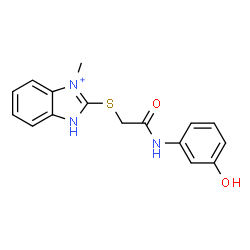 ChemSpider 2D Image | 2-({2-[(3-Hydroxyphenyl)amino]-2-oxoethyl}sulfanyl)-3-methyl-1H-benzimidazol-3-ium | C16H16N3O2S