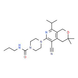 ChemSpider 2D Image | 4-(5-Cyano-8-isopropyl-3,3-dimethyl-3,4-dihydro-1H-pyrano[3,4-c]pyridin-6-yl)-N-propyl-1-piperazinecarboxamide | C22H33N5O2