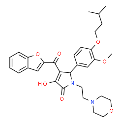 ChemSpider 2D Image | 4-(1-Benzofuran-2-ylcarbonyl)-3-hydroxy-5-[3-methoxy-4-(3-methylbutoxy)phenyl]-1-[2-(4-morpholinyl)ethyl]-1,5-dihydro-2H-pyrrol-2-one | C31H36N2O7