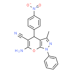 ChemSpider 2D Image | 6-Amino-3-methyl-4-(4-nitrophenyl)-1-phenyl-1,4-dihydropyrano[2,3-c]pyrazole-5-carbonitrile | C20H15N5O3